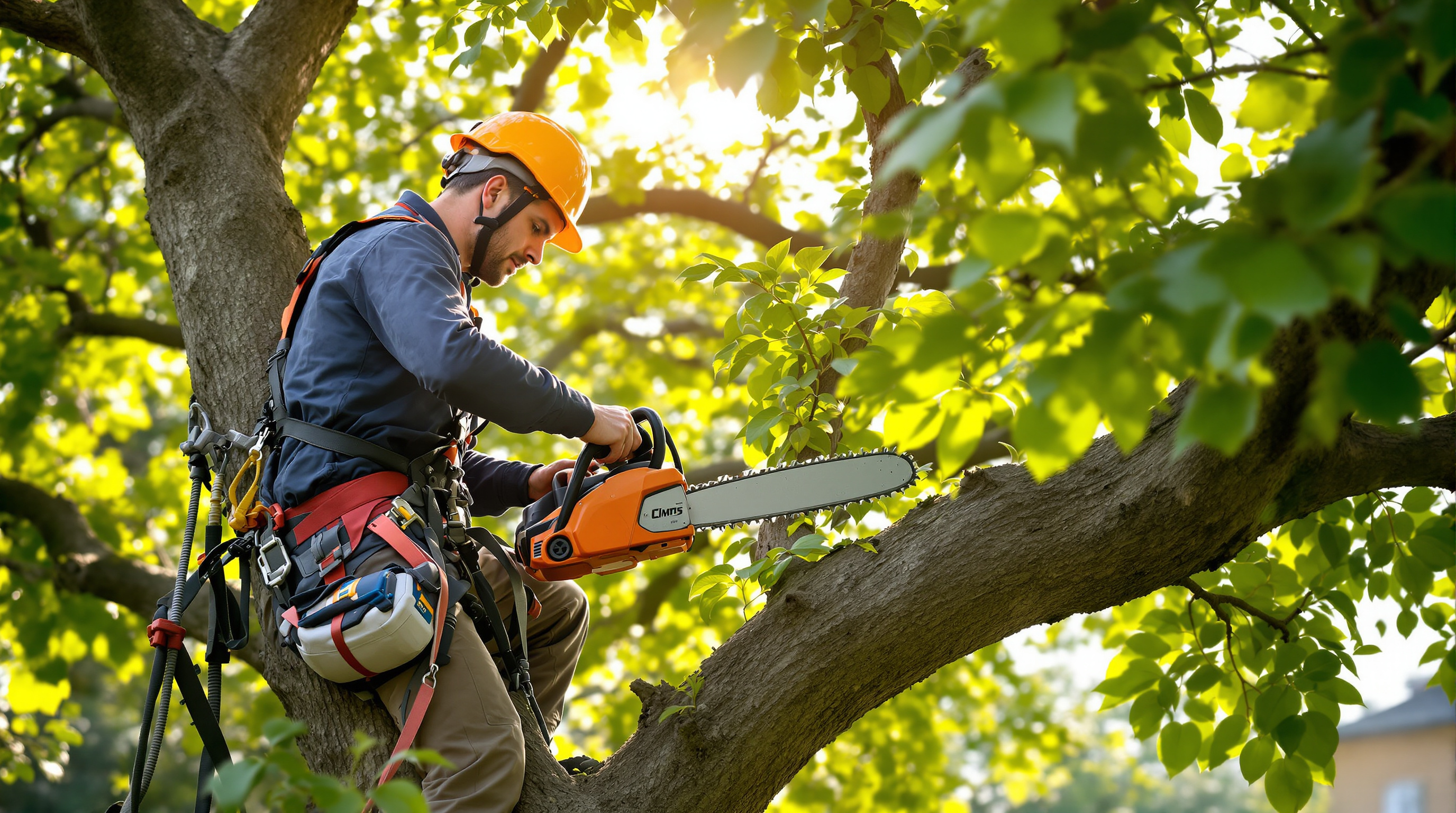Élagueur professionnel en action sur un arbre en Vendée
